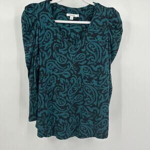 Chicos Womens Top Size 1 US M Teal Paisley‎ Puff Sleeve Everyday Basics
